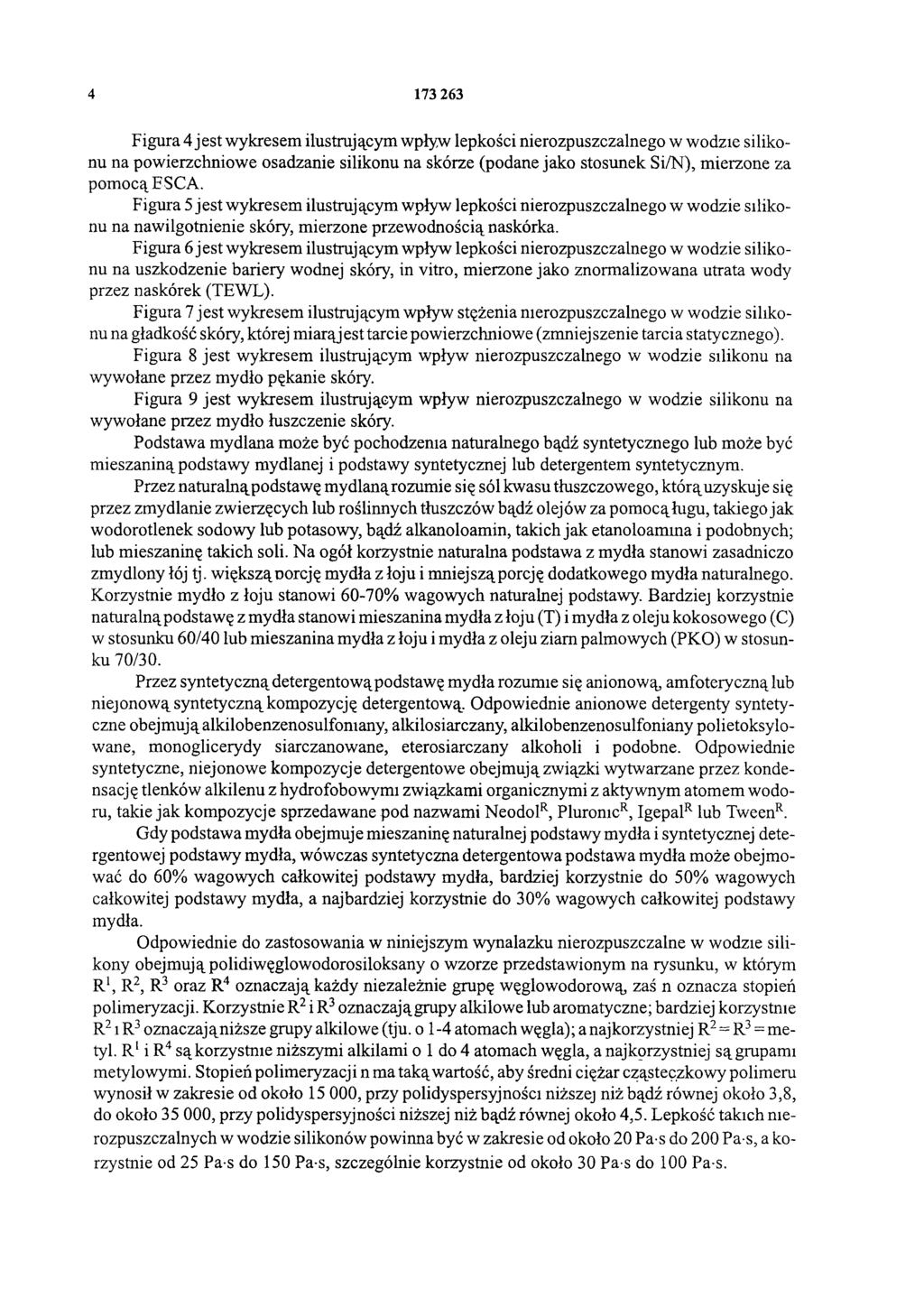 4 173 263 Figura 4 jest wykresem ilustrującym wpływ lepkości nierozpuszczalnego w wodzie silikonu na powierzchniowe osadzanie silikonu na skórze (podane jako stosunek Si/N), mierzone za pomocą ESCA.