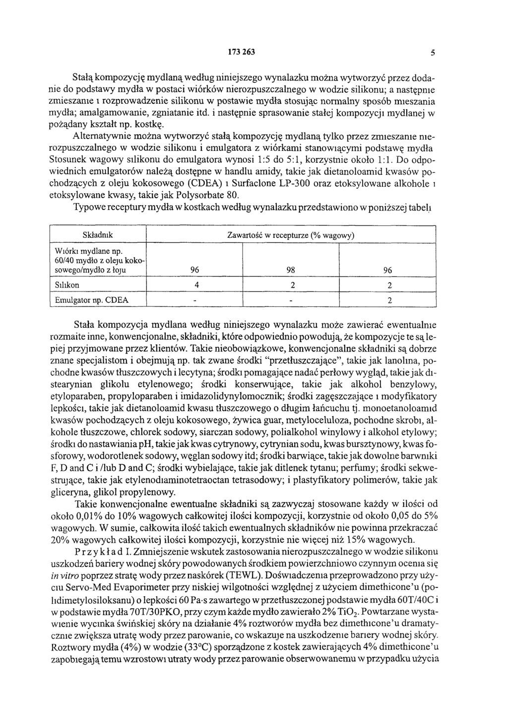 173 263 5 Stałą kompozycję mydlaną według niniejszego wynalazku można wytworzyć przez dodanie do podstawy mydła w postaci wiórków nierozpuszczalnego w wodzie silikonu; a następnie zmieszanie i
