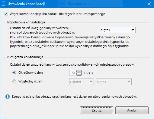 12. Jeżeli ustawiliśmy zadanie backupu typu Ciągłego, możemy ustawić konsolidację naszych backupów za pomocą Ustawień konsolidacji.