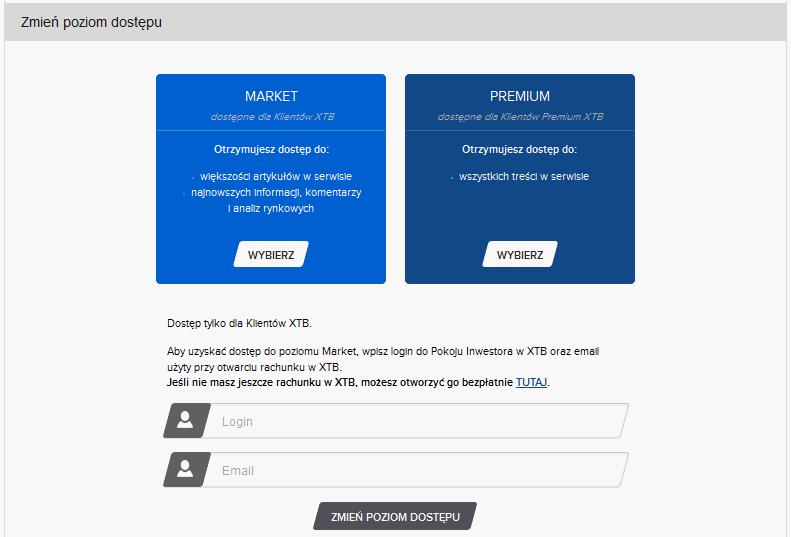 Zmiana poziomu dostępu na MARKET Po oknami ukażą się ramki, gdzie Klient zostanie poproszony o wprowadzenie LOGIN DO POKOJU INWESTORA oraz maila, którego