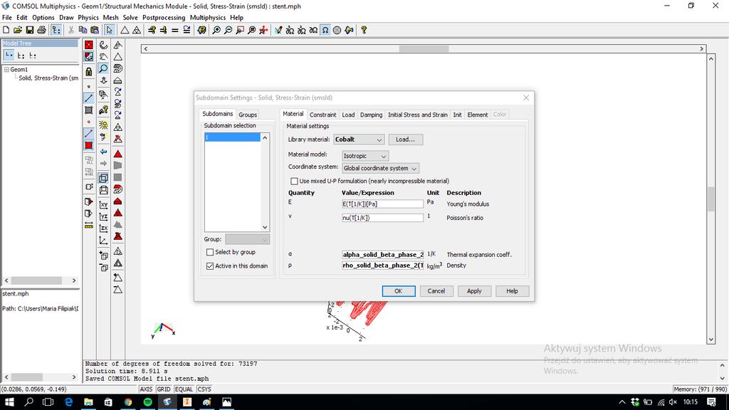 Porównywane materiały: 1) Parametry materiału 1. Tytan Rys. 8. Wybrany materiał - Tytan i jego parametry.