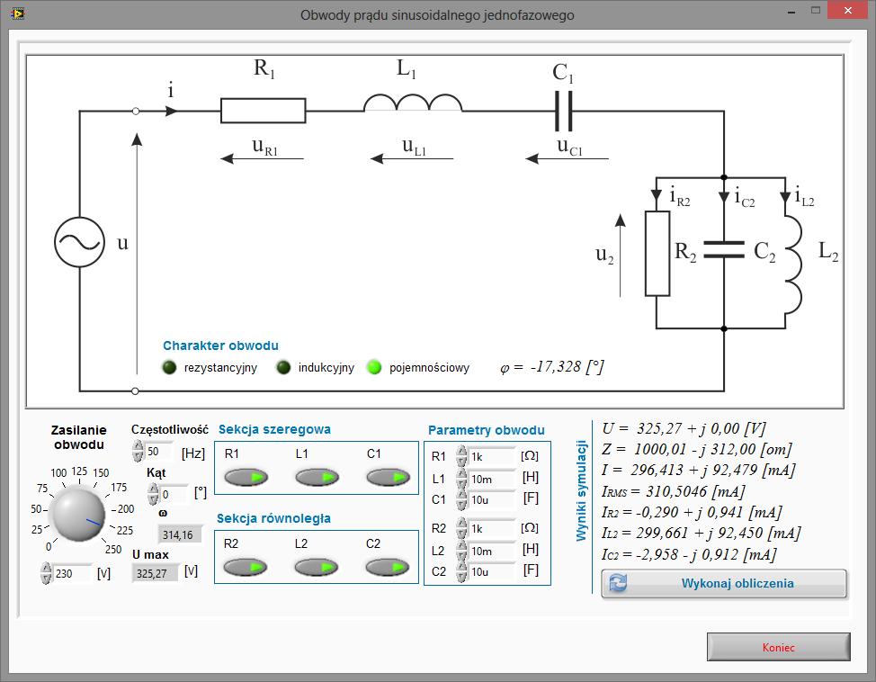 3. Symulator obwodów jednofazowych. Celem modułu jest przedstawienie wyników symulacji obwodów zawierających elementy R, L i C w zależności od zadanej konfiguracji układu. Zadanie 5.