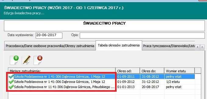 Po wyborze wskazanego pola, zostanie udostępniona nowa zakładka o nazwie Tabela okresów zatrudnienia, gdzie można zapisać dowolną ilość miejsc pracy oraz dowolną ilość okresów pracy w tych miejscach.