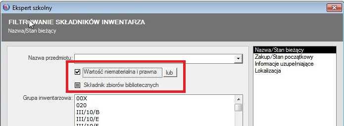 Objaśnienie Jeżeli użytkownik chce uzyskać zestaw składników inwentarza należących do wybranych grup inwentarzowych oraz wartości niematerialnych i prawnych, musi zaznaczyć te grupy oraz pole wyboru