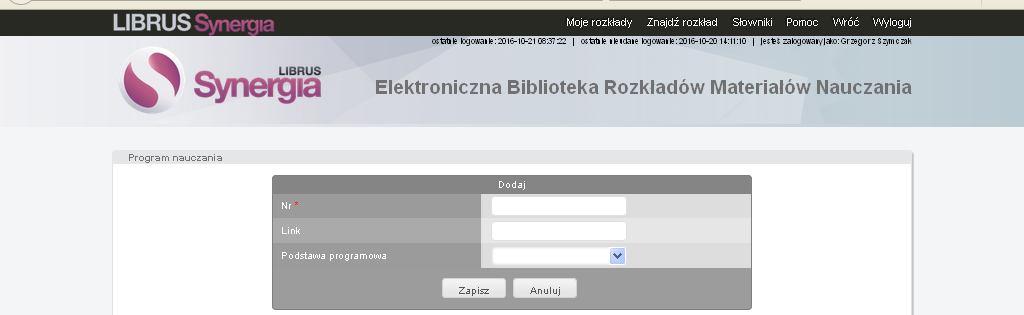W drugie okienko można wpisać link do rozkładu, jeżeli nauczyciel korzysta z gotowych opracowanych przez wydawnictwa rozkładów.