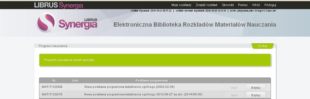 Po wpisaniu w ten sposób wszystkich stosowanych programów nauczania pojawi się okienko takie jak poniżej.