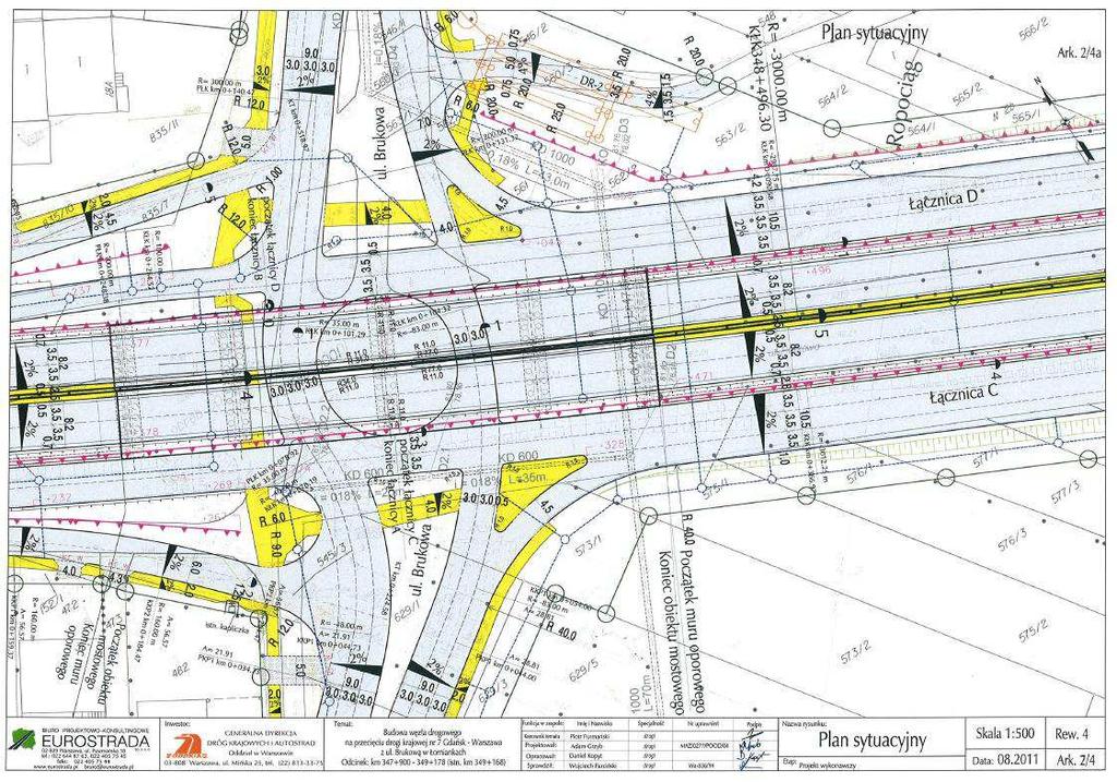 Rys. 31 plan węzła Brukowa/Kolejowa (materiały uzyskane od GDDKiA). Wlot ulicy Brukowej na skrzyżowanie od strony południowej jest trzypasowy (2+1), a od strony północnej trzypasowy.