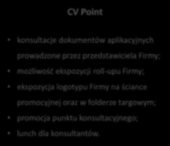 CV Point konsultacje dokumentów aplikacyjnych prowadzone przez przedstawiciela Firmy; możliwość ekspozycji roll-upu Firmy; ekspozycja logotypu Firmy na
