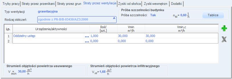 Opis obliczeń sezonowego zapotrzebowania na chłód na cele chłodzenia i wentylacji SZCZELNOŚĆ BUDYNKU n 50 [1/h] pole służące do wpisani wartości próby szczelności, użytkownik może skorzystać z