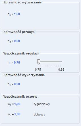 Prawa strona interfejsu z reguły zawiera wyniki doboru parametrów lub