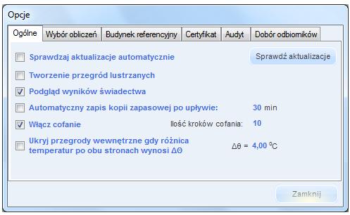 Opis danych wejściowych projektu USTAWIENIA, Opcje - pozycja