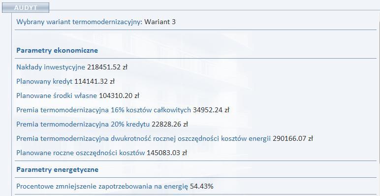 Wyniki obliczeń modułu Audyt 11.1 RAPORT UPROSZCZONY Rys 434. Okno raportuwg Rozporządzenia MI z 17.03.2009.