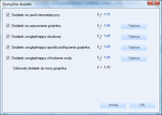 DOBÓR GRZEJNIKÓW DOMYŚLNE DODATKI - użytkownik poprzez przycisk mocy grzejnika. może ustawić domyślne mnożniki do Rys 542.