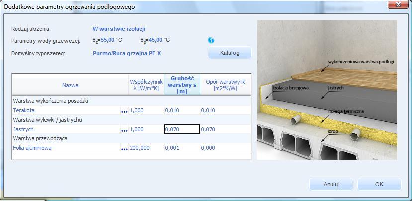 DOBÓR GRZEJNIKÓW Rys 546. Okno dodatkowe parametry ogrzewania podłogowego ułożenie w warstwie jastrychu Rys 547.