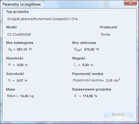 DOBÓR GRZEJNIKÓW KOLUMNA DOPASUJ DO PRZEGRODY pole do wyboru przez użytkownika z listy przegrody od której pobieramy wymiary.