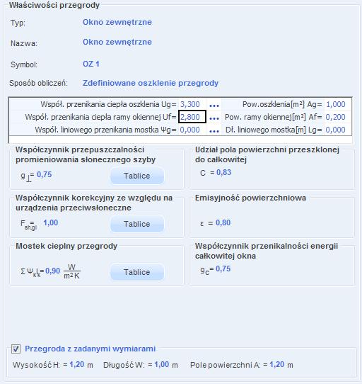 Opis obliczeń współczynnika przenikania ciepła U przegród WSPÓŁCZYNNIK PRZENIKALNOŚCI ENERGII CAŁKOWITEJ OKNA g c pole do edycji przez użytkownika, program wylicza wartośc domyślna na podstawie wzoru