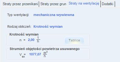 Opis obliczeń strat ciepła w pomieszczeniu Rys 152. Zakładka straty na wentylację mechaniczna wywiewną dla normy PN EN 12831, obliczenia na podstawie krotności wymian Rys 153.