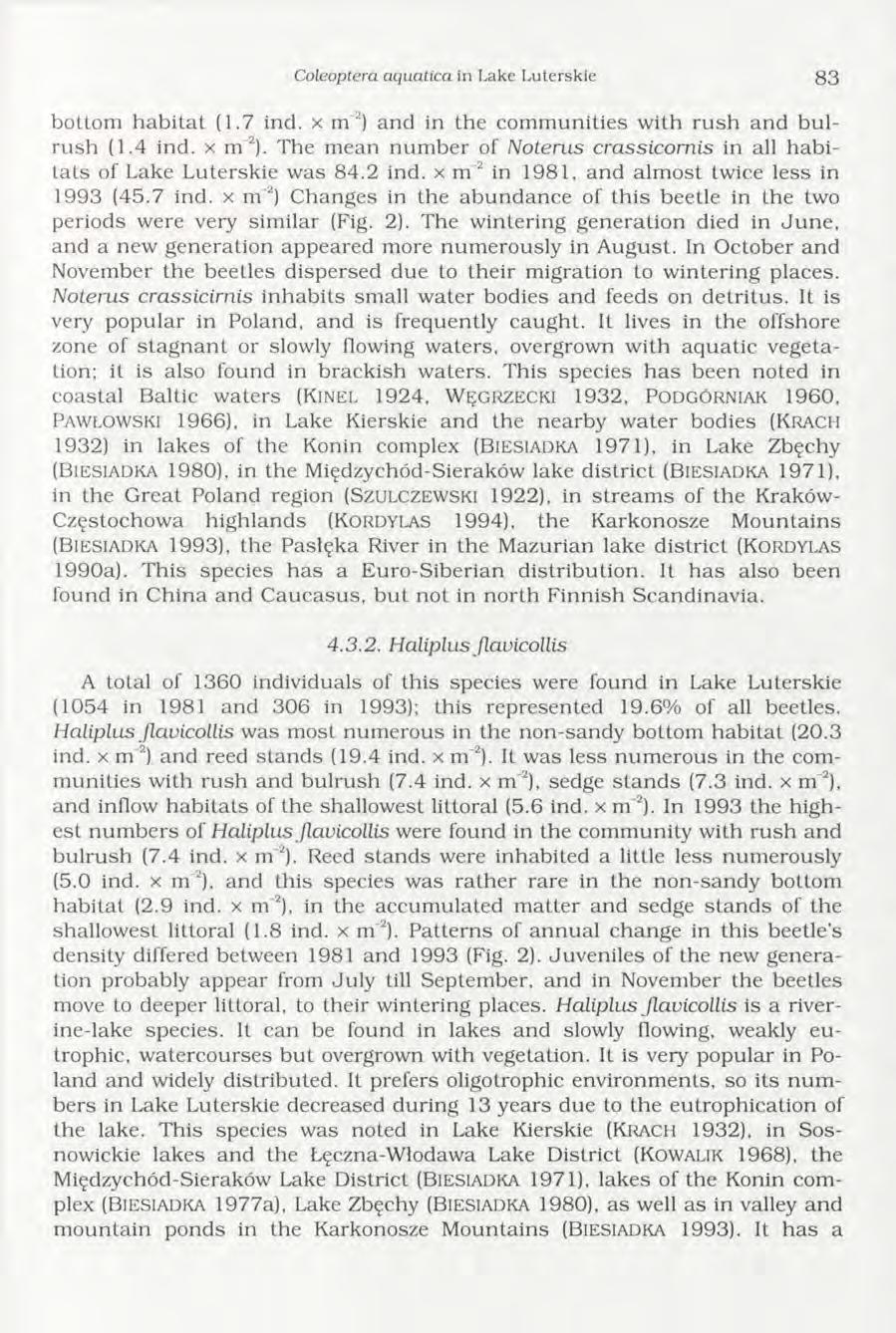 Coleoptera aquatica in Lake Luterskie 83 bottom h a b ita t (1.7 ind. x m 2) and in the com m unities w ith ru sh and b u l ru sh (1.4 ind. x m 2). The m ean num ber of N otenis crassicornis in all h a b i tats of Lake Luterskie w as 84.