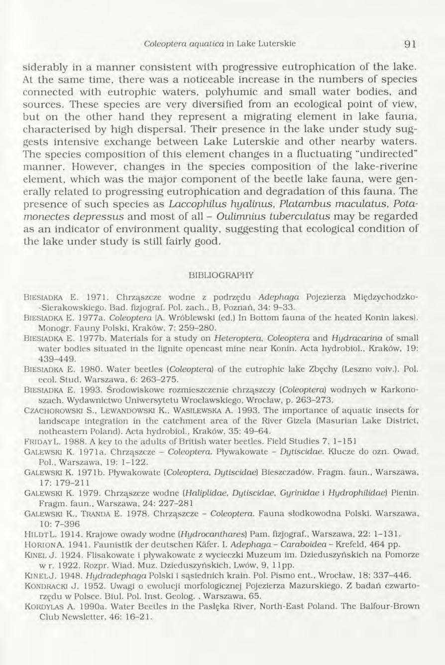 Coleoptera aquatica in Lake Luterskie 91 siderably in a m anner consistent w ith progressive eutrophication of the lake.