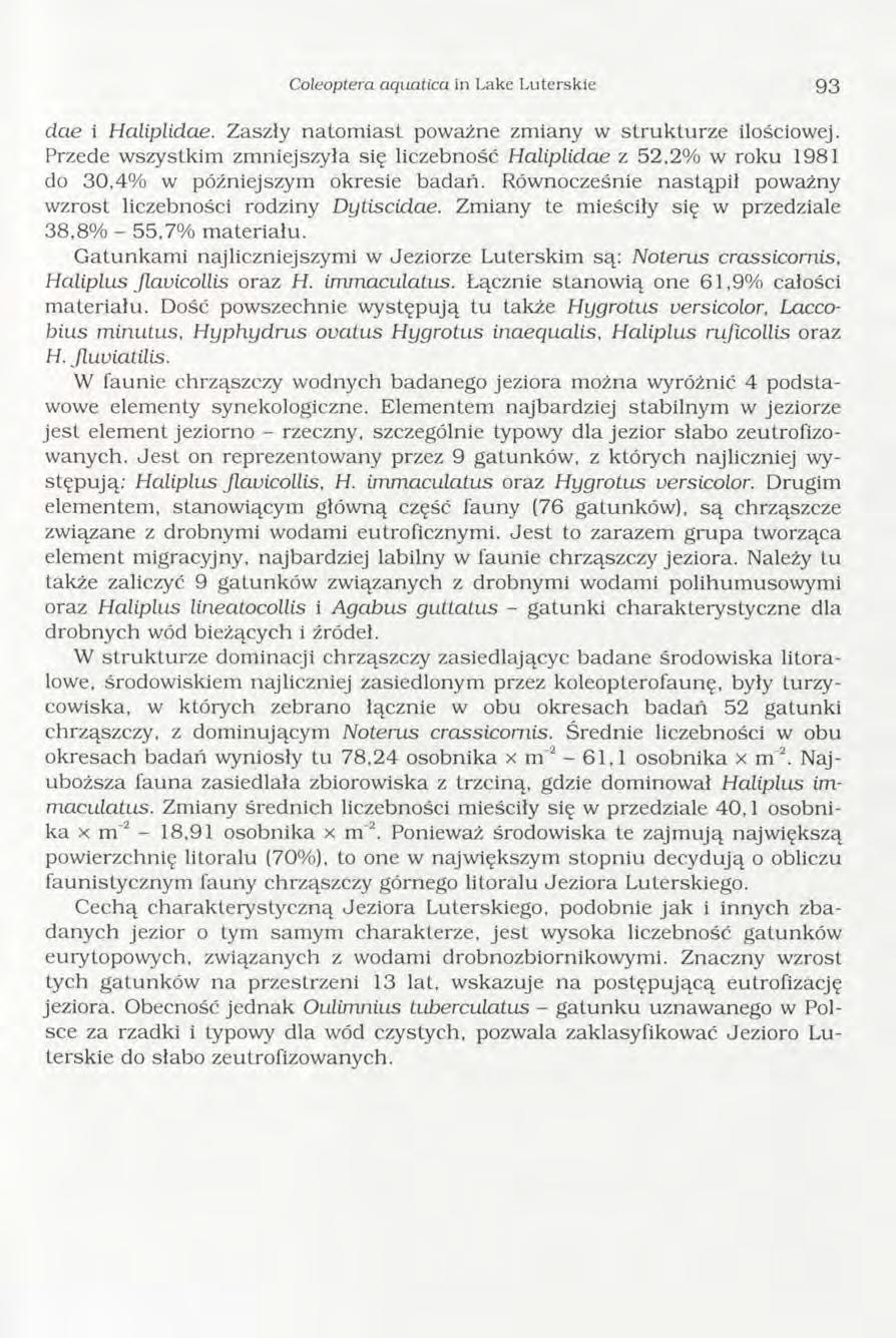 Coleoptera aquatica in Lake Luterskie 93 dae i Haliplidae. Zaszły natom iast poważne zm iany w stru k tu rze ilościowej.