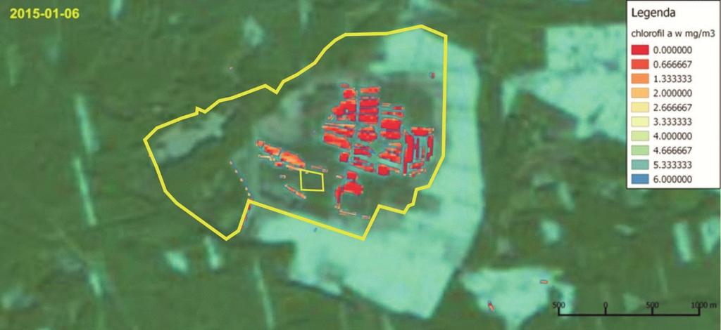 Rys. 10. Zestawienie przykładowych analiz zawartości chlorofilu a w wodzie na podstawie zobrazowań satelitarnych Landsat 8 OLI z 2015-01-06 oraz 2015-07-01 (http, 2015a; http, 2015c) Fig. 10. Summary of exemplary analyses of chlorophyll a content in water according to satellite images dated 2015-01-06 and 2015-07-01 (http, 2015a; http, 2015c) Tabela 3.