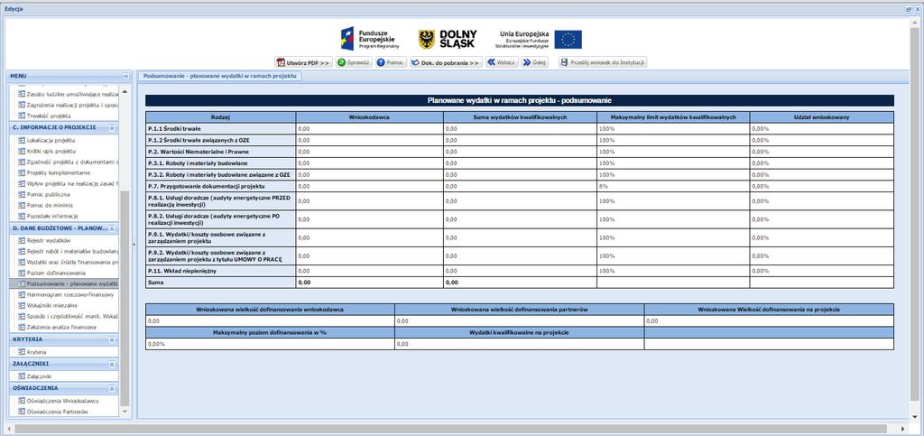 PODSUMOWANIE - PLANOWANE WYDATKI W RAMACH PROJEKTU Tabela wypełniana jest automatycznie na podstawie danych podanych w poprzednich arkuszach sekcji D wniosku o dofinansowanie.