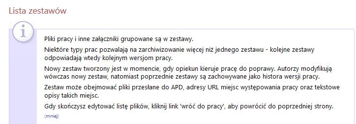 *.pdf. Ewentualne załączniki do pracy dodawane są jako rodzaj Inny w formie jednego pliku archiwum w postaci RAR, ZIP lub 7z.