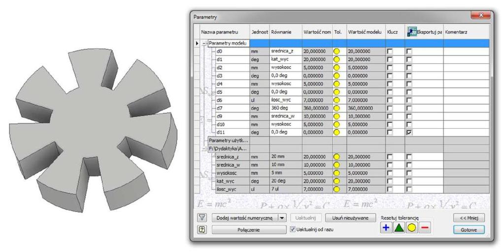 Rys. 3. Przykładowy element i jego parametry Zastosowanie modeli ipart W praktyce, do projektowania używa się często stosowane typoszeregi elementów, tj.