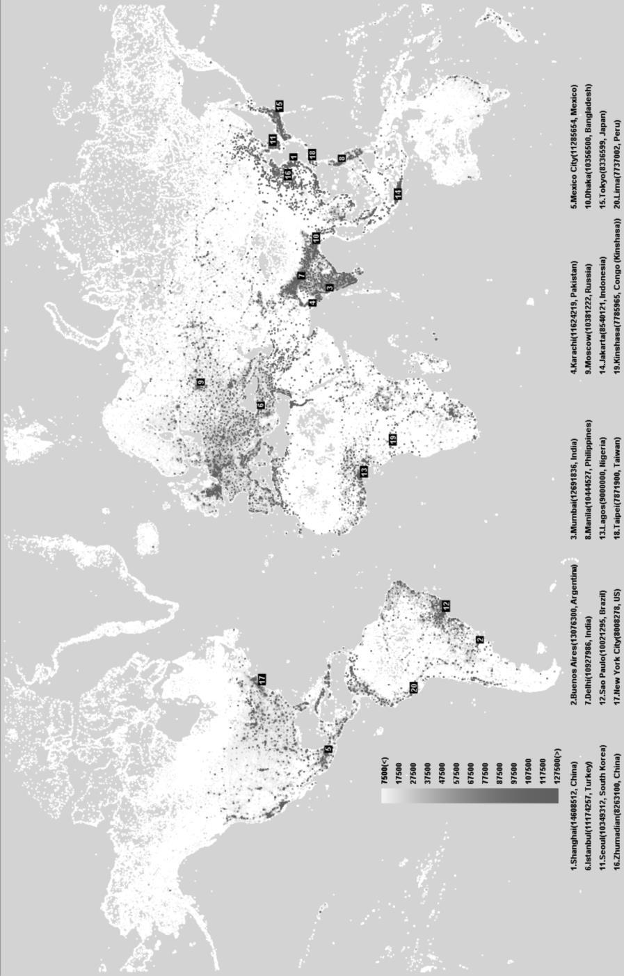 Ryc. 2. Gęstość zaludnienia świata. Źródło: populationlabs.