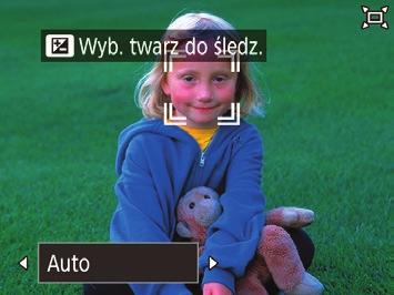 Włącz Tryb automatyczny [ Szybko naciśnij i zwolnij przycisk [ Pojawi się ikona [ Po wykryciu twarzy zostaje wyświetlona biała ramka.