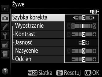 Modyfikowanie ustawień Picture Control Istniejące gotowe i osobiste ustawienia funkcji Picture Control (0 110) można modyfikować pod kątem ich dopasowania do typu scenerii lub zamierzeń twórczych