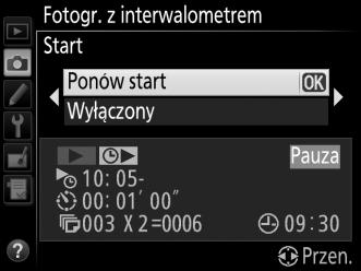 Wstrzymywanie fotografowania z interwalometrem Fotografowanie z interwalometrem można wstrzymać w następujący sposób: Naciskając przycisk J pomiędzy interwałami Wyróżniając Start > Pauza w menu
