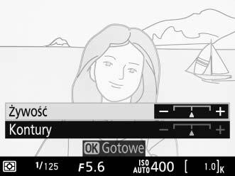 Opcje dostępne w trybie podglądu na żywo g Szkic kolorowy 1 Naciśnij przycisk a. Lustro zostanie uniesione, a na monitorze aparatu pojawi się widok przez obiektyw. Przycisk a 2 Dostosuj opcje.