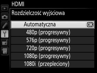 Opcje HDMI Opcja HDMI w menu ustawień (0 261) reguluje rozdzielczość wyjściową i można jej używać do włączania zdalnego sterowania aparatem przy użyciu urządzeń obsługujących HDMI-CEC (ang.