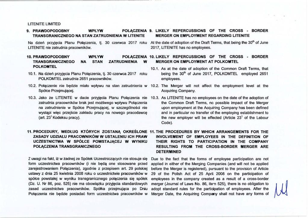 LlTENITE LlMITED 9. PRAWDOPODOBNY WPŁYW POŁĄCZENIA 9.