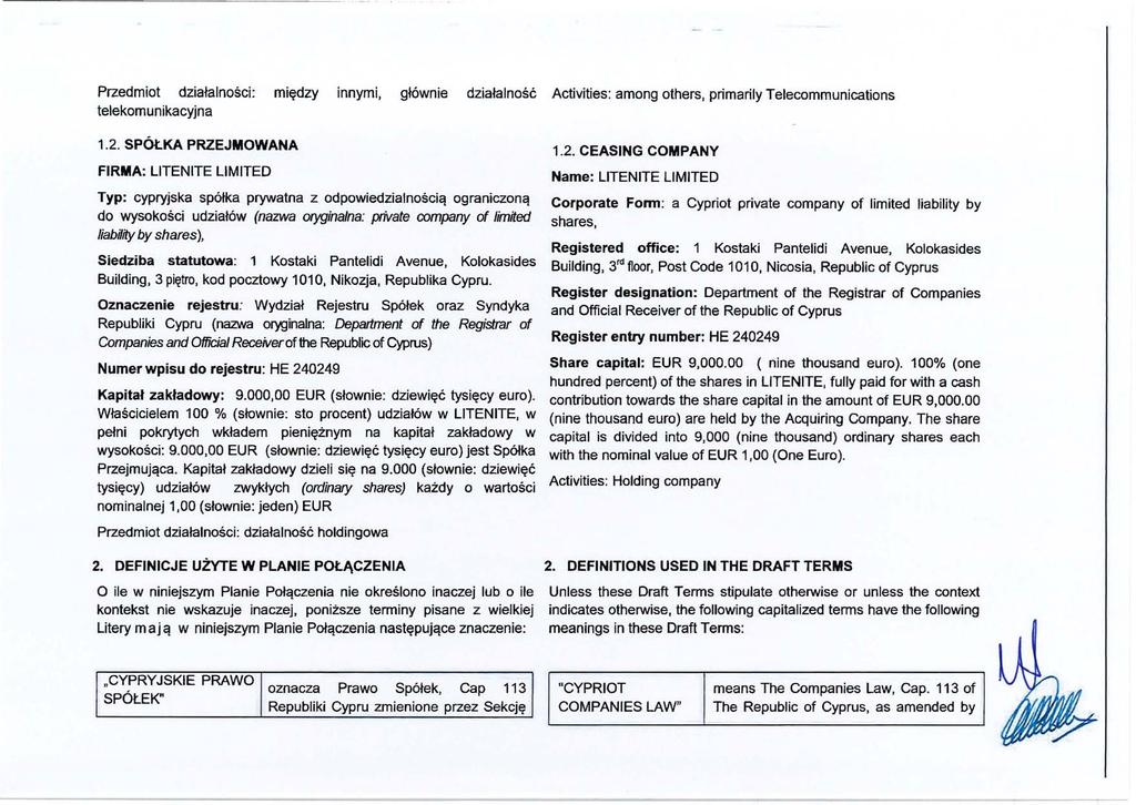 Przedmiot działalności : między innymi, głównie działalność Activities: among others, primarily Telecommunications telekomunikacyjna 1.2.