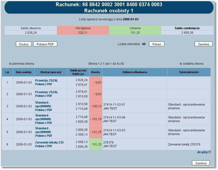 Rozdział 10 Rachunki Użytkownik ma dostęp do następujących informacji: Data dnia, z którego utworzony był wyciąg, Saldo otwarcia - saldo rachunku z ostatniego dnia księgowego poprzedzającego