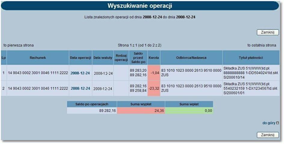 waluty - data wykonania operacji, Rodzaj operacji - informacja o rodzaju operacji np. Prowizja, Przelew ZUS itp.