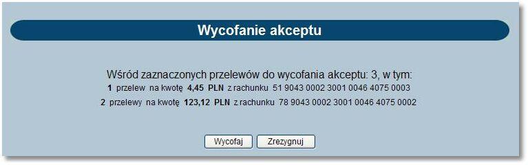 lub "Nie masz uprawnień do akceptacji przelewów". Uwaga: Akcja [Akceptuj razem] nie będzie dostępna dla użytkowników posiadających przypisaną metodę autoryzacji w postaci Tokena VASCO. 11.6.