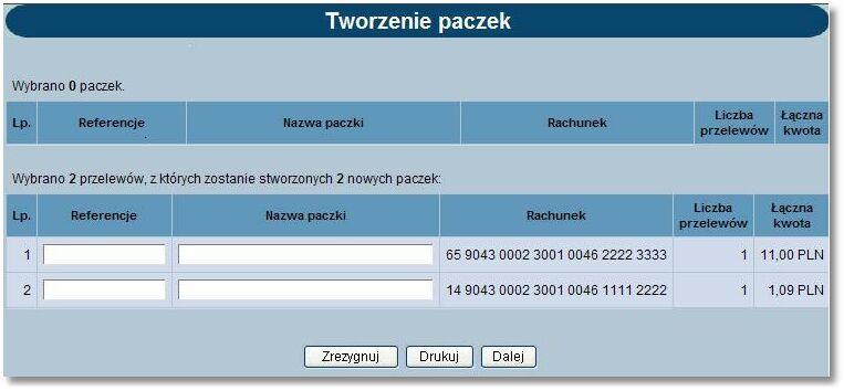 Rozdział 11 Przelewy 11.9. Tworzenie paczek dokumentów W sytuacji, gdy z danego rachunku wysyłanych jest kilka przelewów opcja Twórz paczkę pozwala na utworzenie paczek dokumentów.