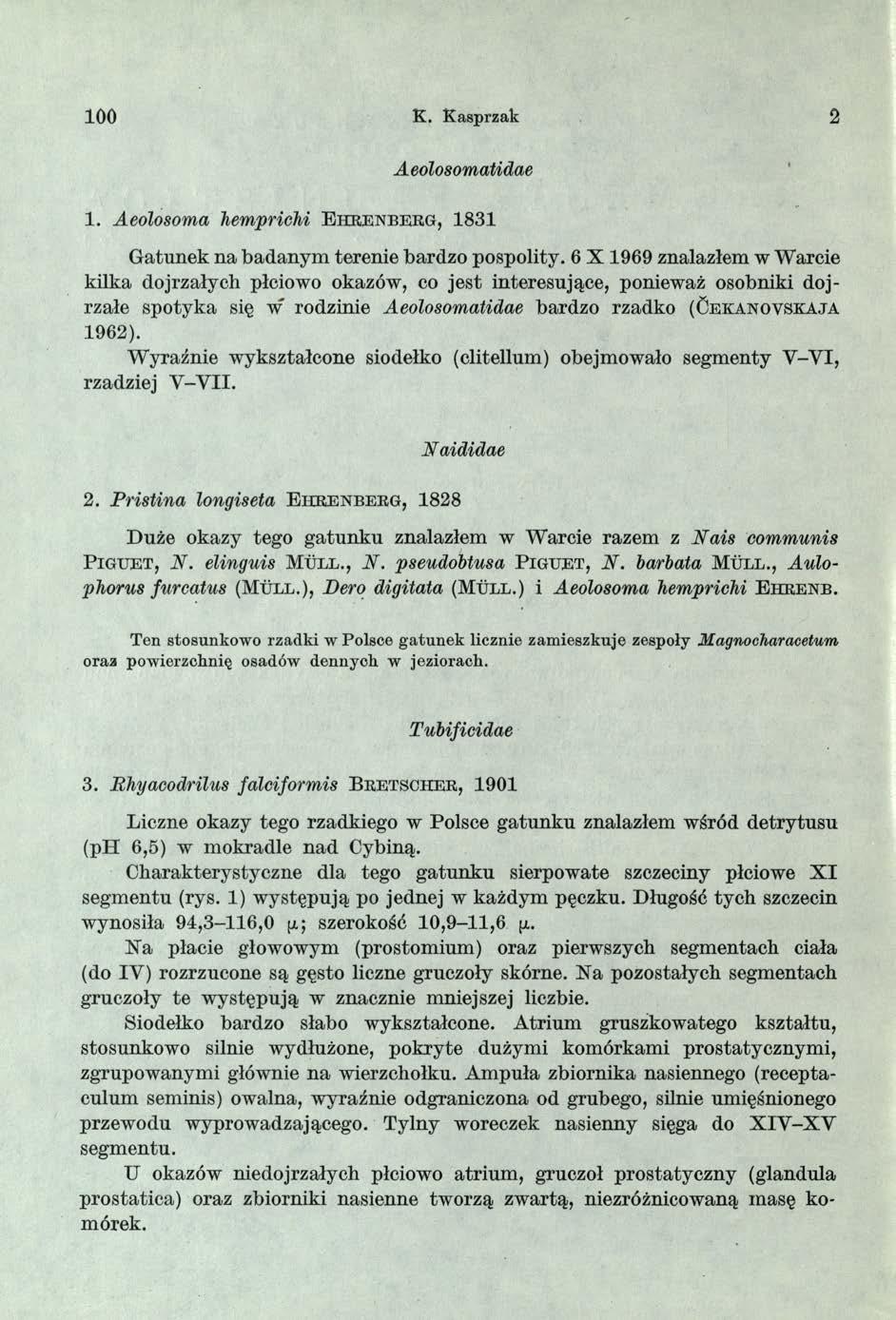 100 K. Kasprzak 2 Aeolosomatidae 1. Aeolosoma hemprichi E h r e n b e r g, 1 8 3 1 Gatunek na badanym terenie bardzo pospolity.