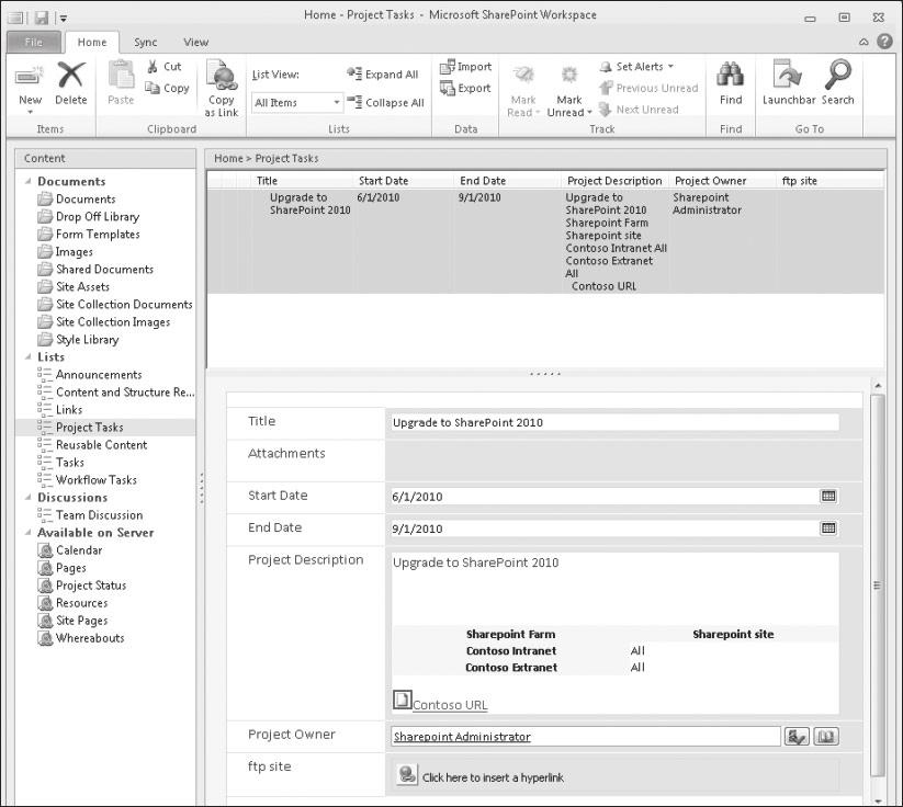 Rysunek 1-46 Witryna zespołu w programie SharePoint Workspace 2010 Na rysunku 1-47 prezentowana jest Wstążka zawierająca przyciski akcji, które można wykonywać w odniesieniu do witryny, która została