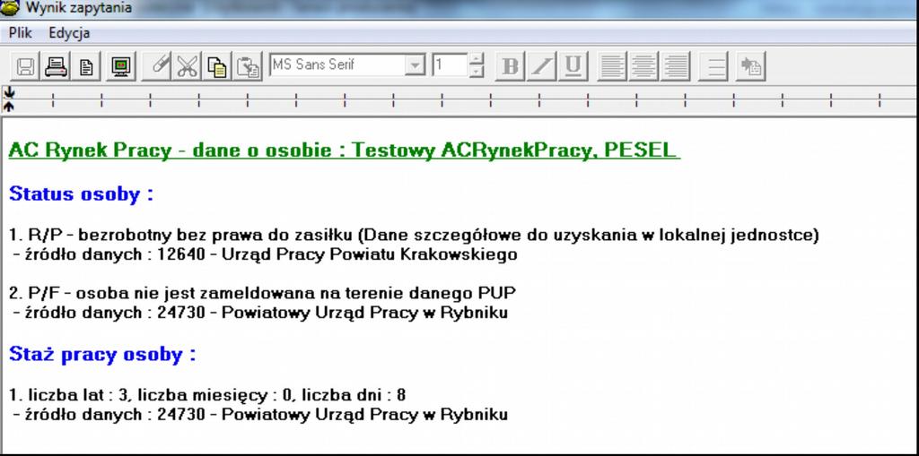 Wynik zapytania można przenieść do edytora tekstów za pomocą ikony