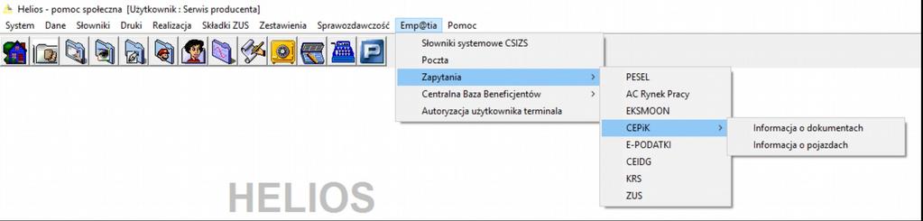 d) CEPiK Jeżeli wystąpi konieczność uzyskania danych osoby zapisanej w bazie danych programu w bazie CEPiK należy z głównego