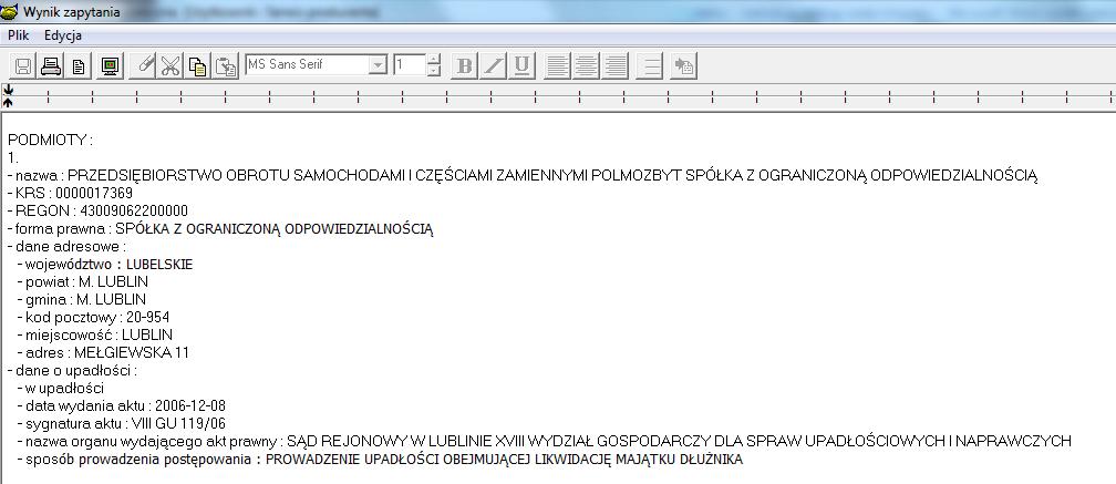 Wynik zapytania można przenieść do edytora tekstów za pomocą ikony Podgląd i wydruk analogicznie, jak w poprzednich przykładach: Jeżeli program