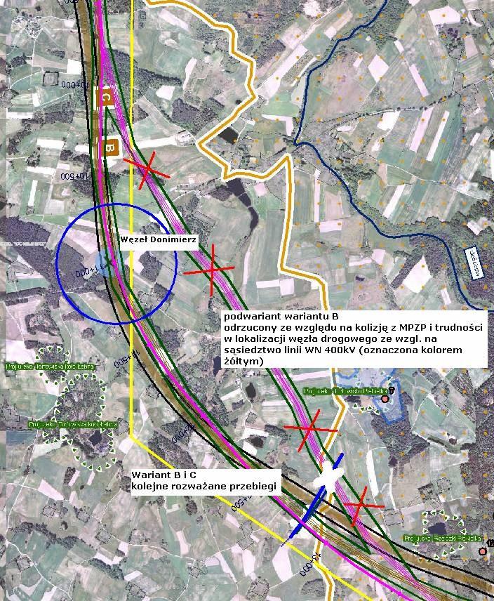 400kV. Na tym odcinku pozostawiono wariant różowy (wariant C) przebiegający pomiędzy m. Kowalewo a linią wysokiego napięcia.