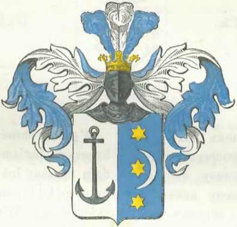 Wappenbeschreibung. Geppert. Das Schild ist senkrecht zweigeteilt. Rechts auf silbernen Feld ein schwarzer Anker. Rechts auf blauem Feld drei übereinanvon stehenvon, golvonne und sechszackige Sterne.