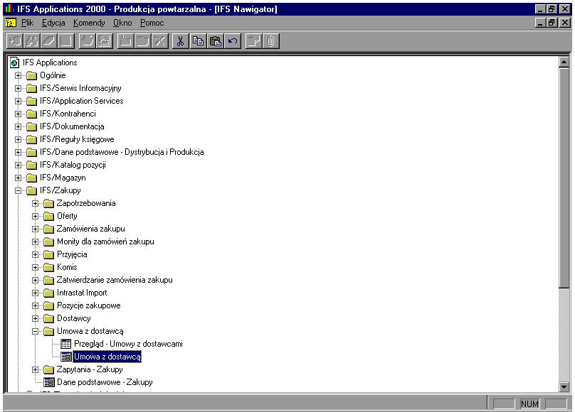 Rys. 5.104. Widok nawigatora IFS Applications Po otworzeniu folderu Umowa z dostawcą należy wczytać bazę danych. W rozwijanym polu Nr umowy będą dostępne wszystkie umowy, które były zawarte wcześniej.