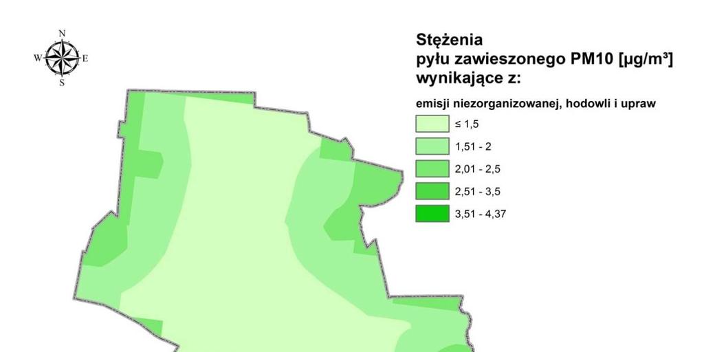 Rysunek 6 Rozkład stężeń pyłu zawieszonego PM10 o okresie uśredniania wyników rok kalendarzowy pochodzących z emisji