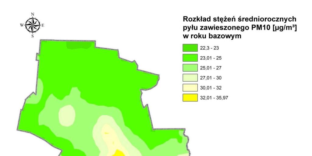 Rysunek 8 Rozkład stężeń pyłu zawieszonego PM10 o okresie uśredniania wyników rok kalendarzowy z emisji